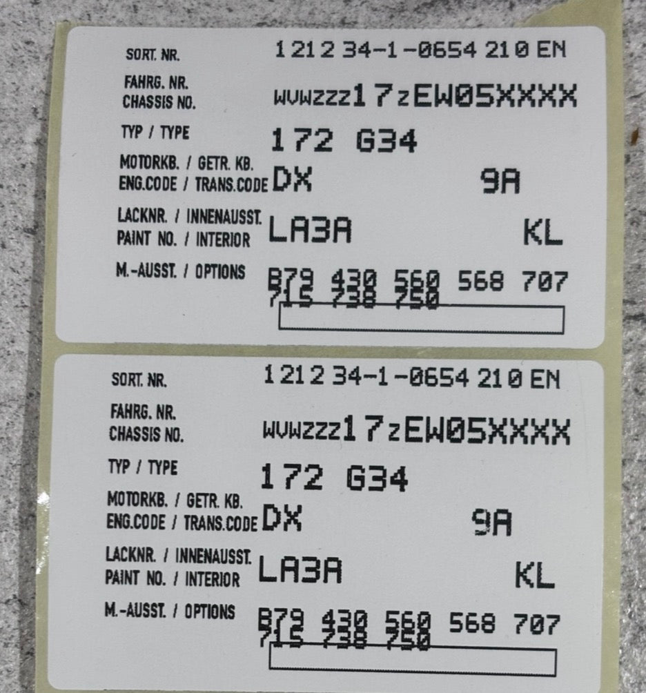 Porsche Option Code Sticker